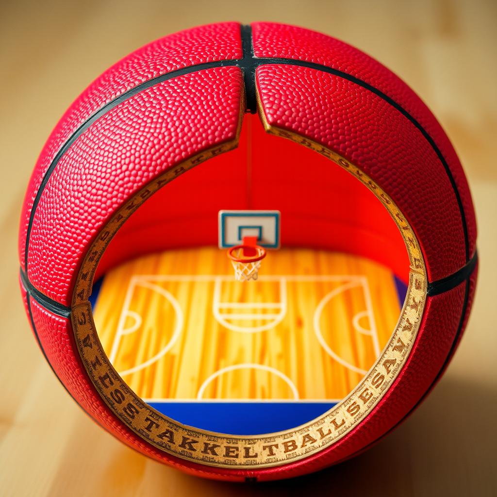 A red-colored basketball, vividly split in half to reveal an intricately detailed interior