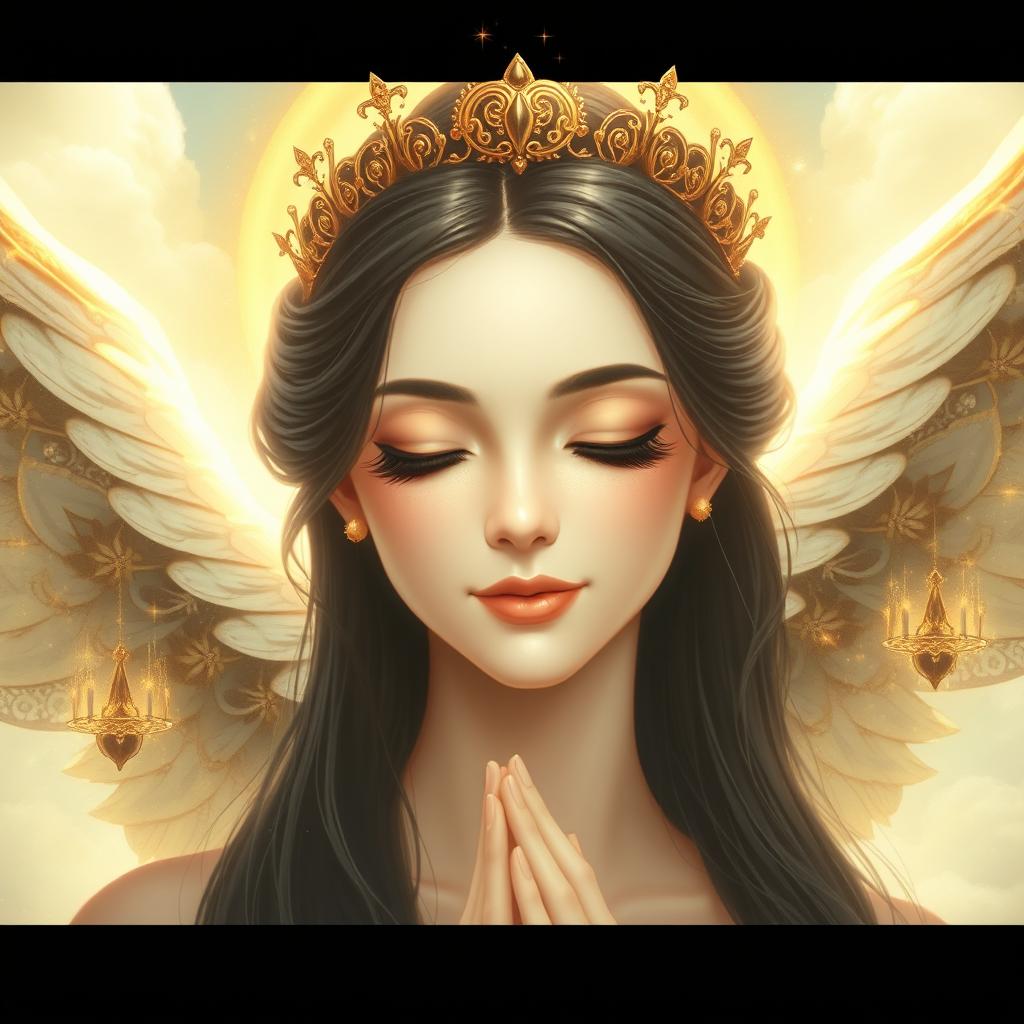 A beautiful female angel queen with striking black hair, gracefully adorned with a delicate crown