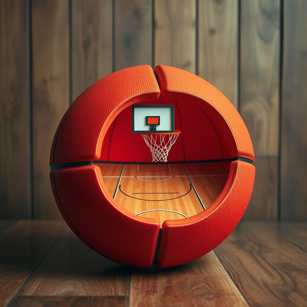 A large basketball, colored in a vibrant shade of red, split in half to reveal a miniature basketball court nestled within