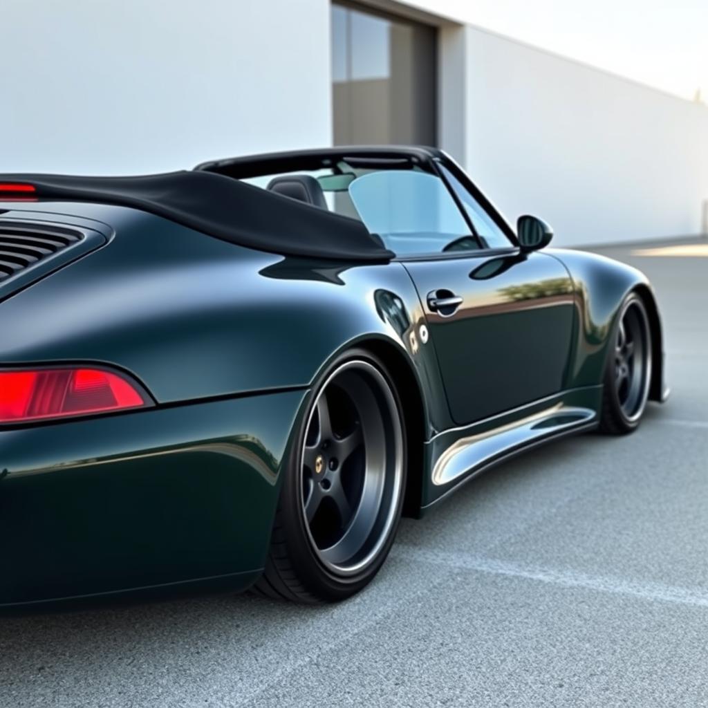 A detailed side view of a 1999 Porsche 911 Cabriolet featuring a wide body kit, showcased in a rich dark green color