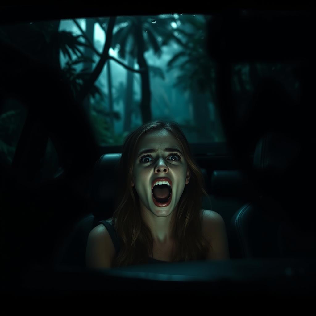 A young woman screaming while sitting in a car surrounded by a dark jungle