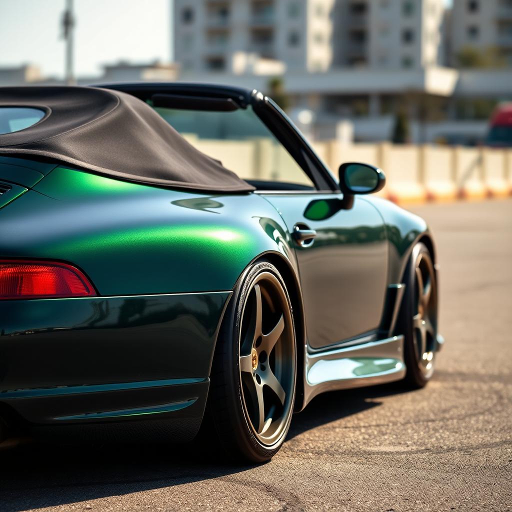 A detailed side view of a 1999 Porsche 911 Cabriolet featuring a wide body kit, presented in a stunning dark green color