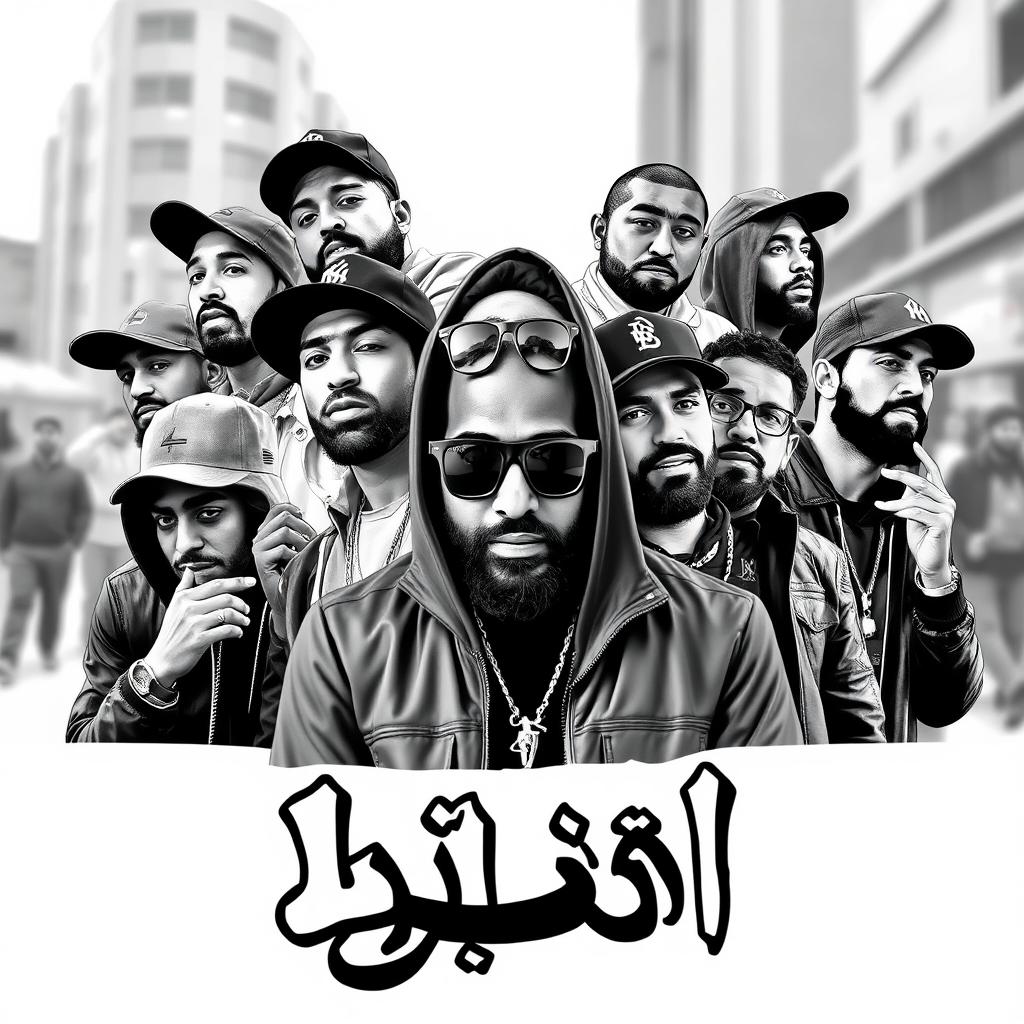A black and white image featuring all popular Iranian rappers in a dynamic collage