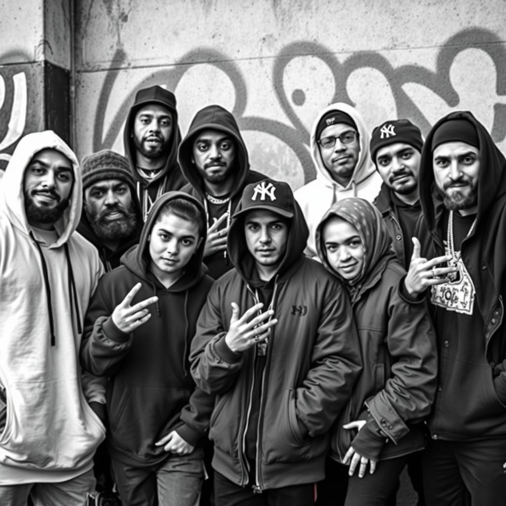 A black and white portrait of all Iranian rappers, showcasing their unique styles and personalities