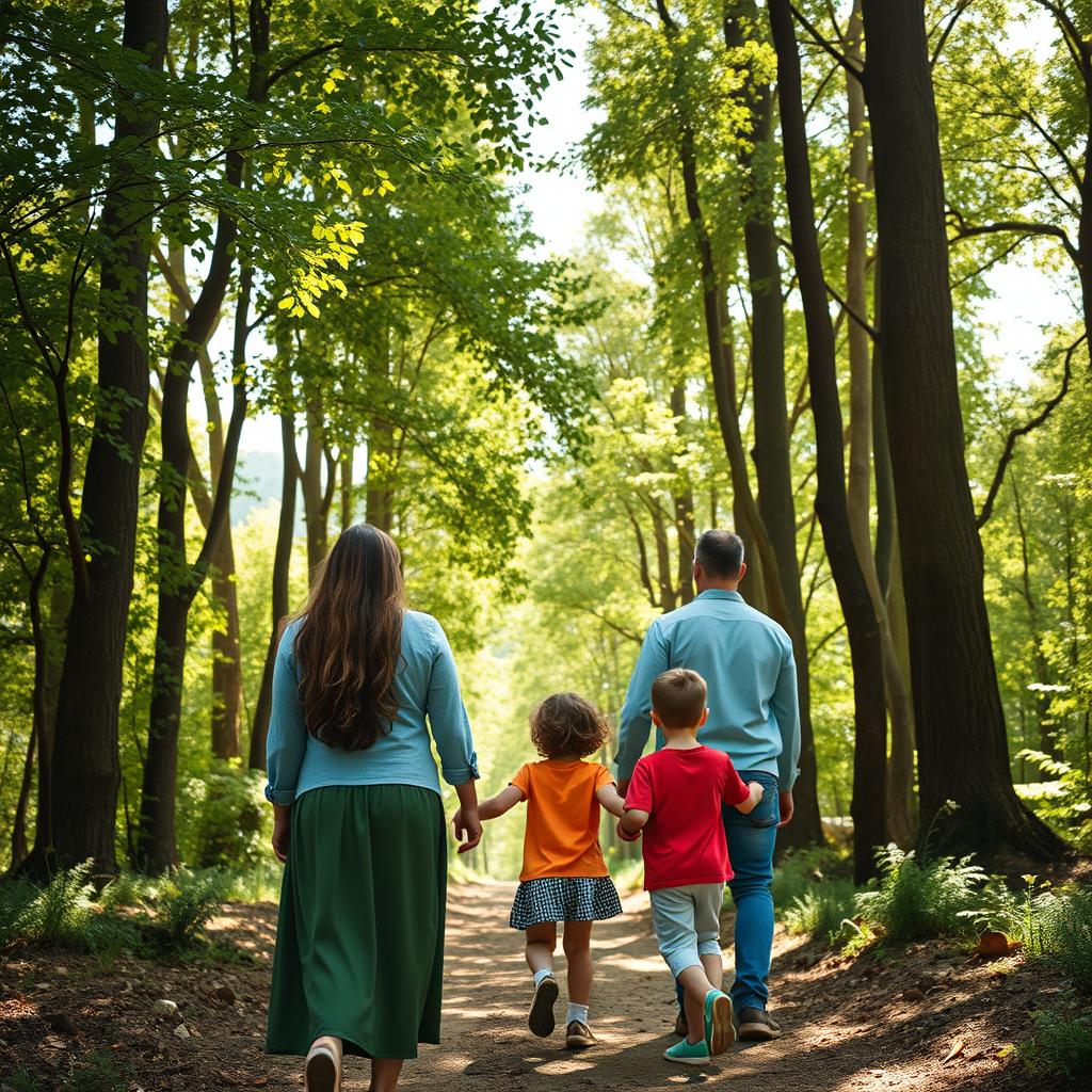 A serene scene depicting a family walking together in an Israeli forest, viewed from the back