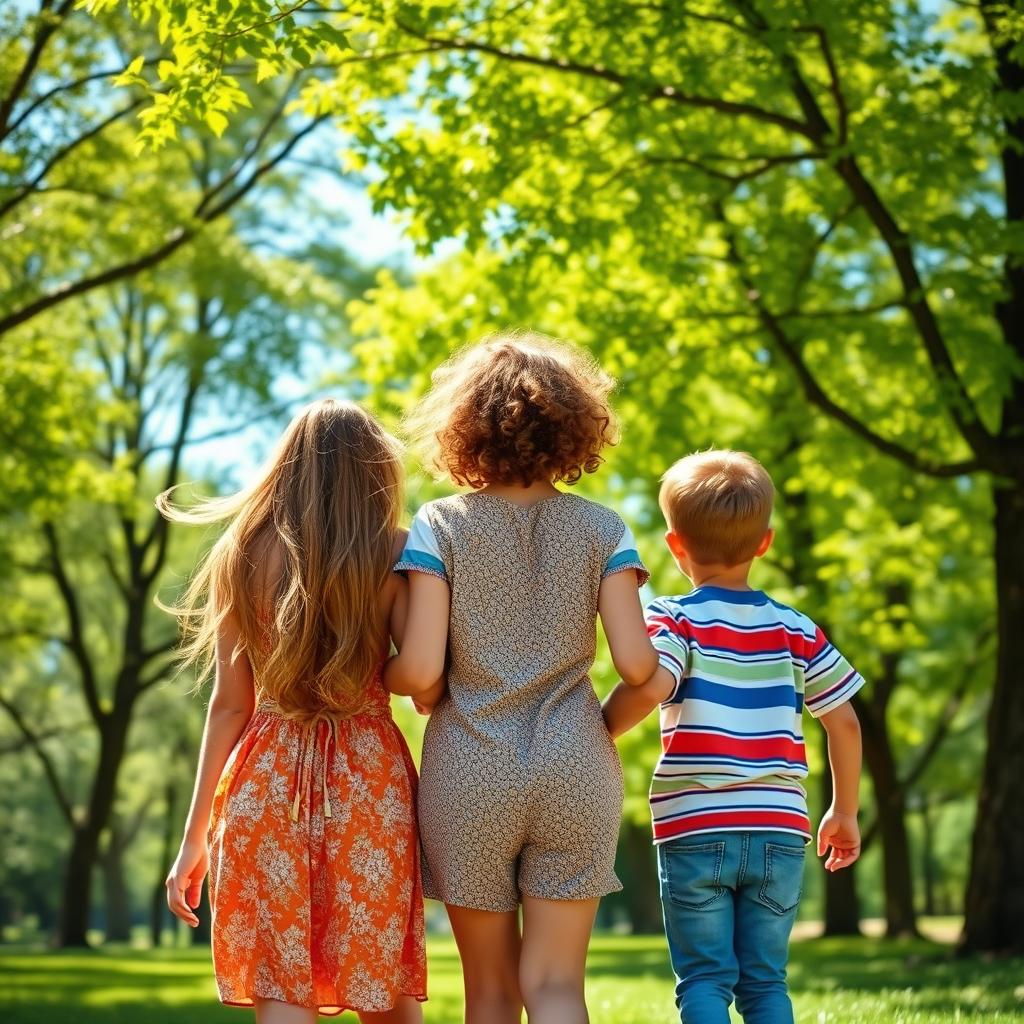 A heartwarming scene of a mother walking with her daughter and son in a lush green park, viewed from the back