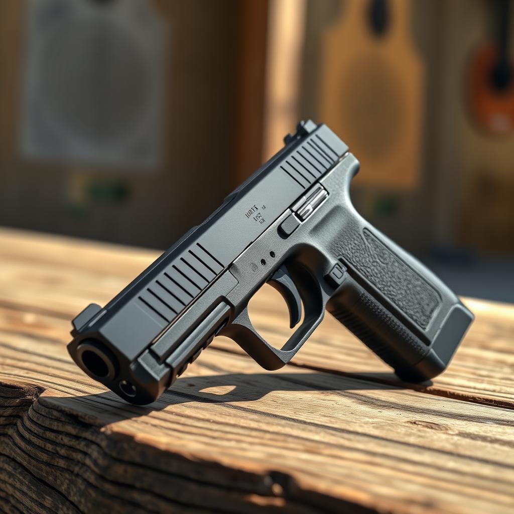 A detailed and realistic depiction of a sleek, modern handgun resting on a textured wooden surface