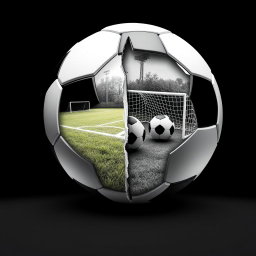 A black and white soccer ball artistically split in half, revealing a detailed scene inside