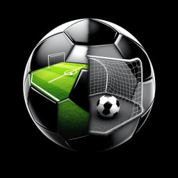 A black and white soccer ball artistically split in half, revealing a detailed scene inside