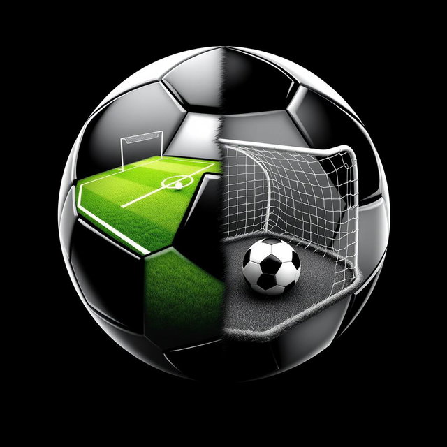 A black and white soccer ball artistically split in half, revealing a detailed scene inside