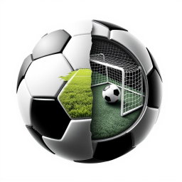 A black and white soccer ball artistically split in half, revealing a detailed scene inside