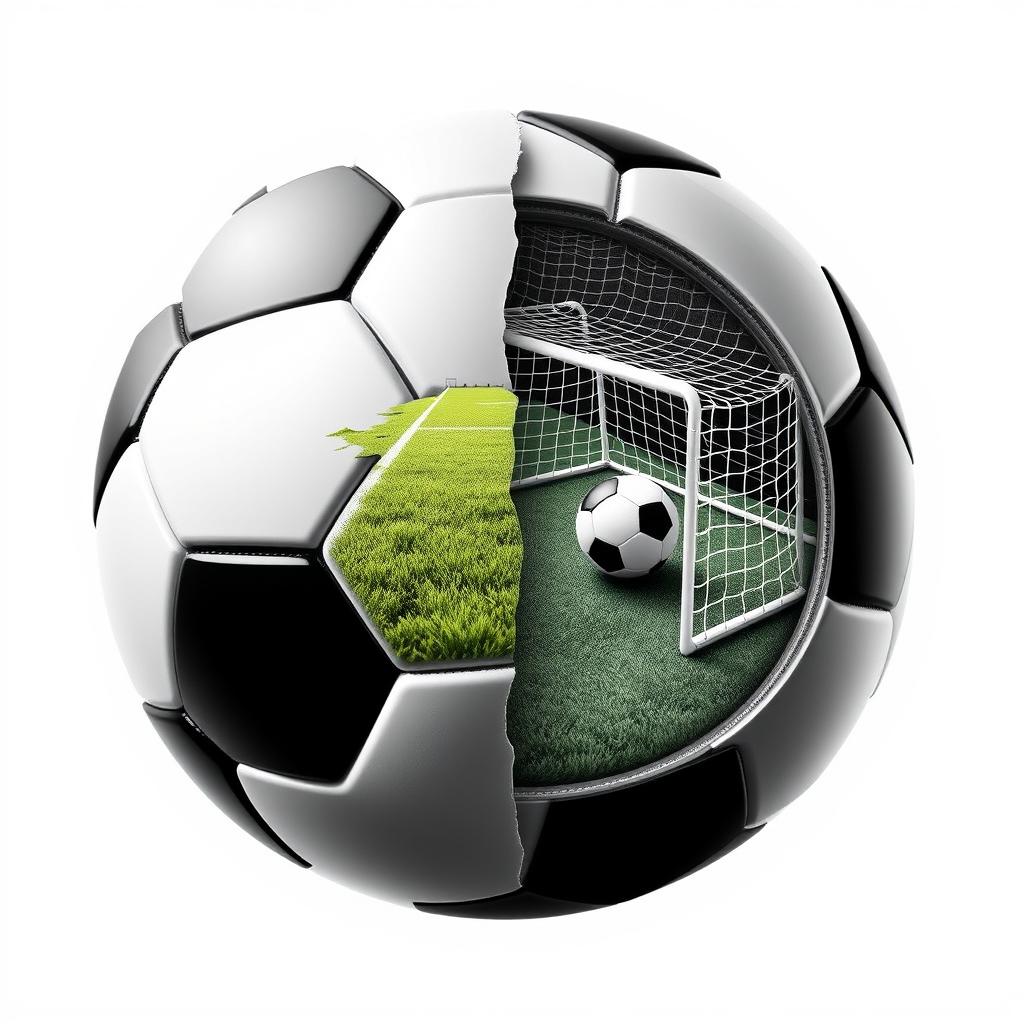 A black and white soccer ball artistically split in half, revealing a detailed scene inside