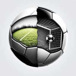 A black and white soccer ball artistically split in half, revealing a detailed scene inside