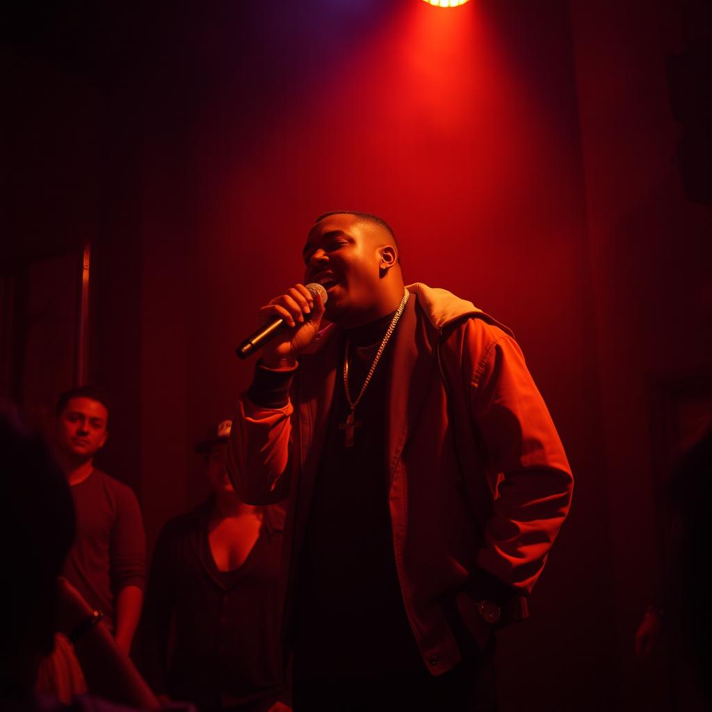 A cinematic scene featuring a leading figure performing in an intimate setting, immersed in a moody atmosphere