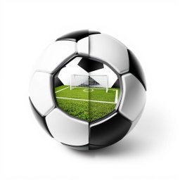 A black and white soccer ball split in half, showing a detailed view of a soccer goal and a vibrant soccer field inside