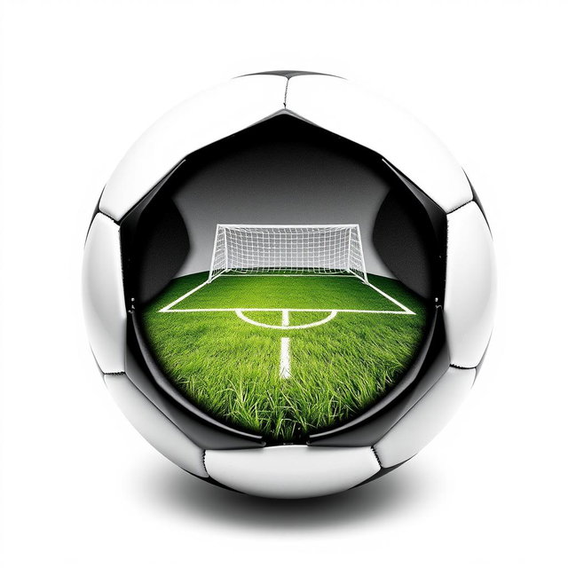 A black and white soccer ball split in half, showing a detailed view of a soccer goal and a vibrant soccer field inside