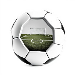 A black and white soccer ball split in half, showing a detailed view of a soccer goal and a vibrant soccer field inside