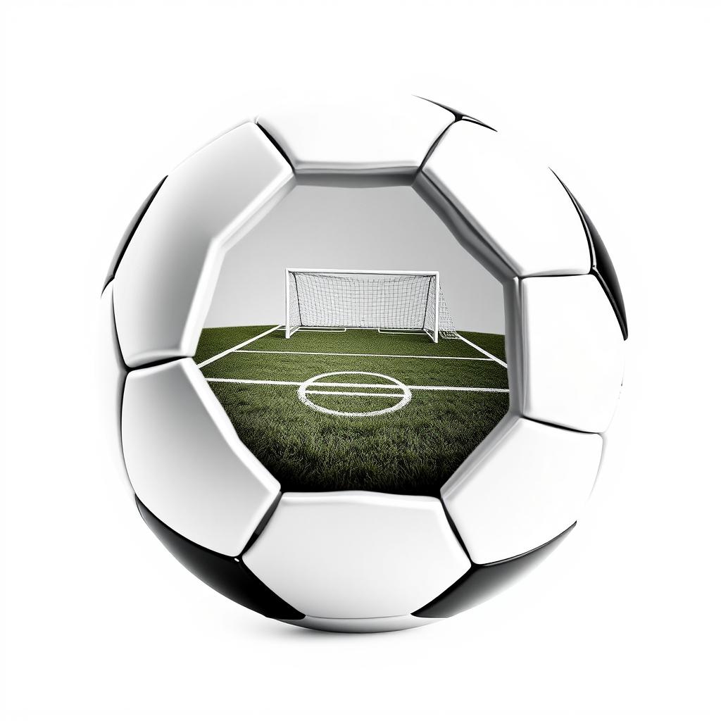 A black and white soccer ball split in half, showing a detailed view of a soccer goal and a vibrant soccer field inside