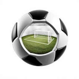 A black and white soccer ball split in half, showing a detailed view of a soccer goal and a vibrant soccer field inside