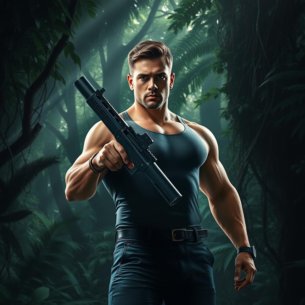 A strong, muscular man gripping a sleek, modern gun in his hand, standing confidently in the foreground