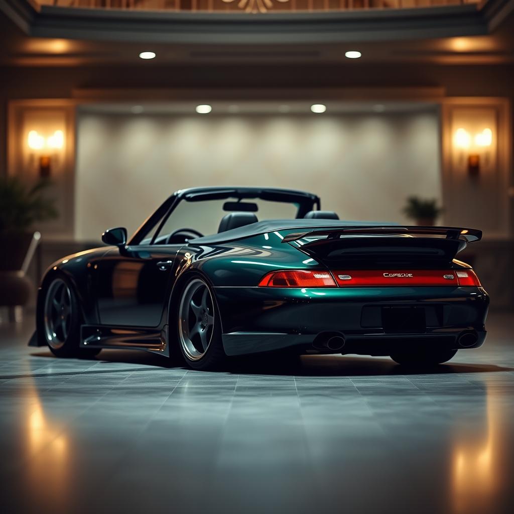 A captivating teaser image of a 1999 Porsche 911 Cabriolet featuring a wide body kit, presented in a deep, rich dark green color