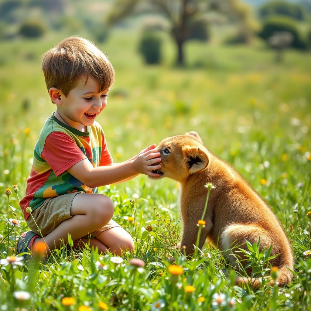 A heartwarming scene of a young boy befriending a gentle, friendly lion cub in a lush, sunlit savanna