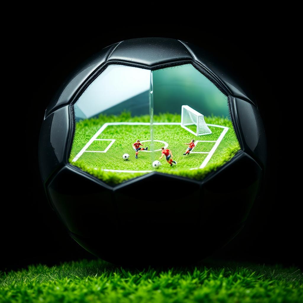 A black soccer ball, perfectly split in half to reveal a detailed interior scene