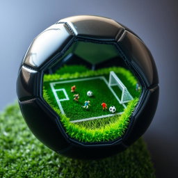 A black soccer ball, perfectly split in half to reveal a detailed interior scene