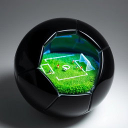 A black soccer ball, perfectly split in half to reveal a detailed interior scene