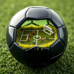A black soccer ball, perfectly split in half to reveal a detailed interior scene