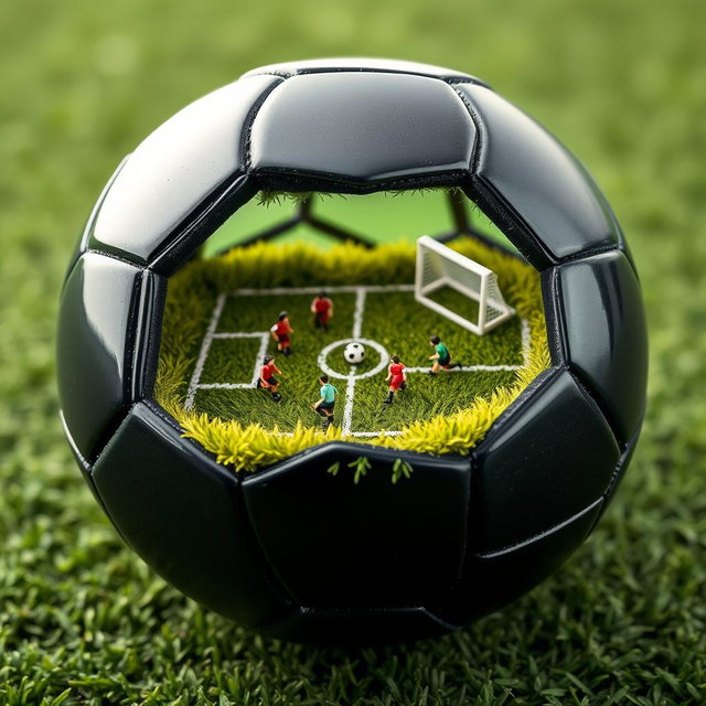 A black soccer ball, perfectly split in half to reveal a detailed interior scene
