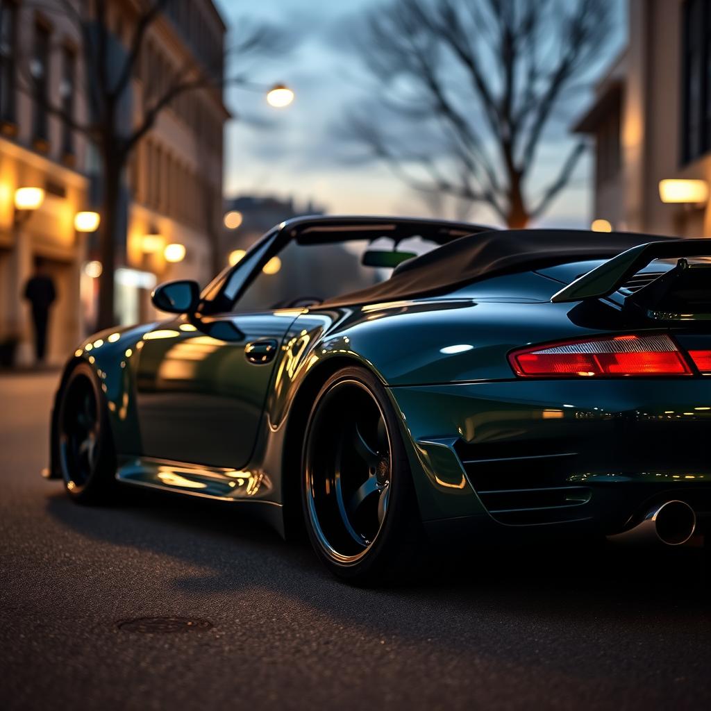 An intriguing teaser image of a 1999 Porsche 911 Cabriolet featuring a wide body kit, rendered in a deep, glossy dark green color