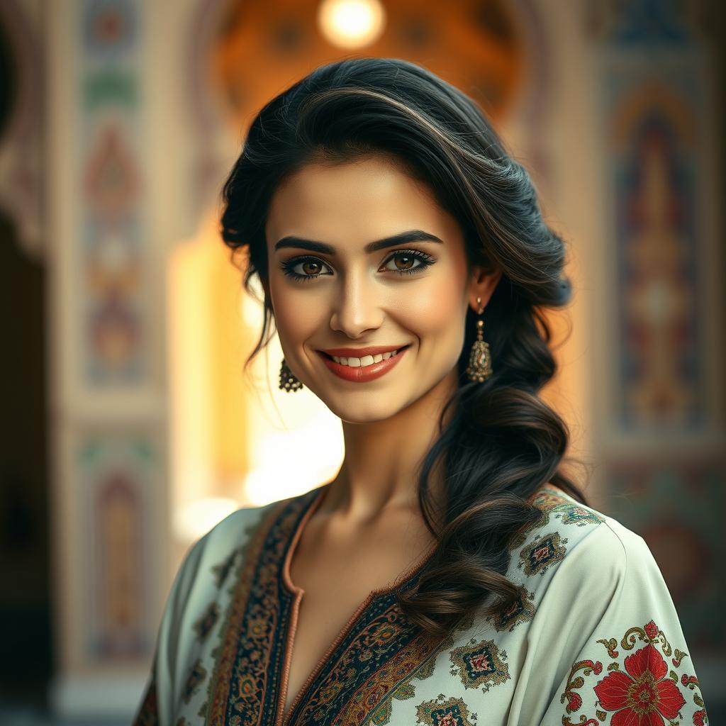 A portrait of an Iranian woman with beautiful, striking features, showcasing a warm and inviting smile