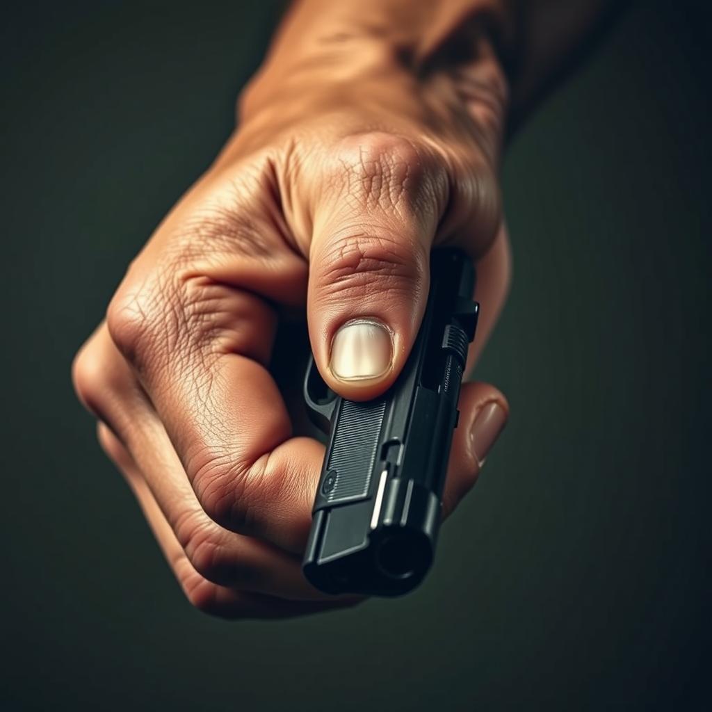 A close-up shot focusing on a man's hand gripping a modern handgun firmly