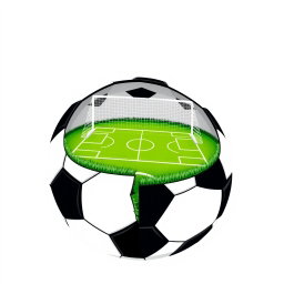 A black and white soccer ball split in half, revealing a detailed soccer field inside
