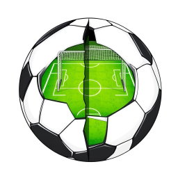 A black and white soccer ball split in half, revealing a detailed soccer field inside