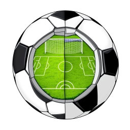A black and white soccer ball split in half, revealing a detailed soccer field inside