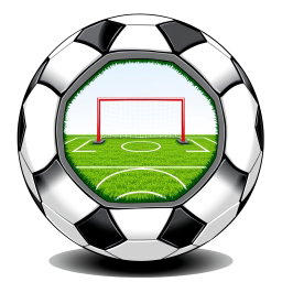 A black and white soccer ball split in half, revealing a detailed soccer field inside
