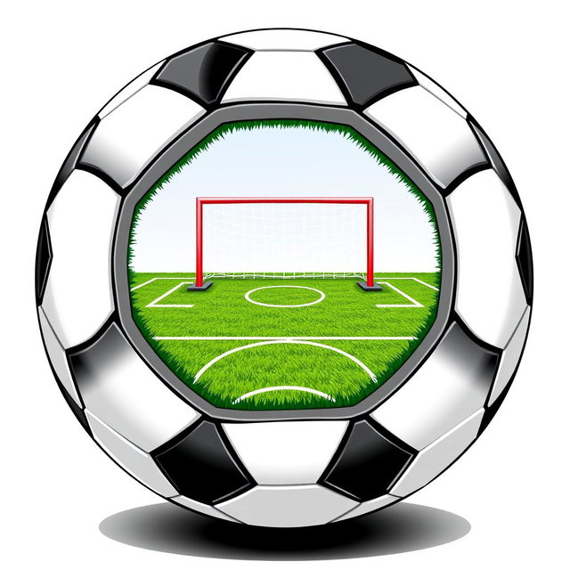A black and white soccer ball split in half, revealing a detailed soccer field inside