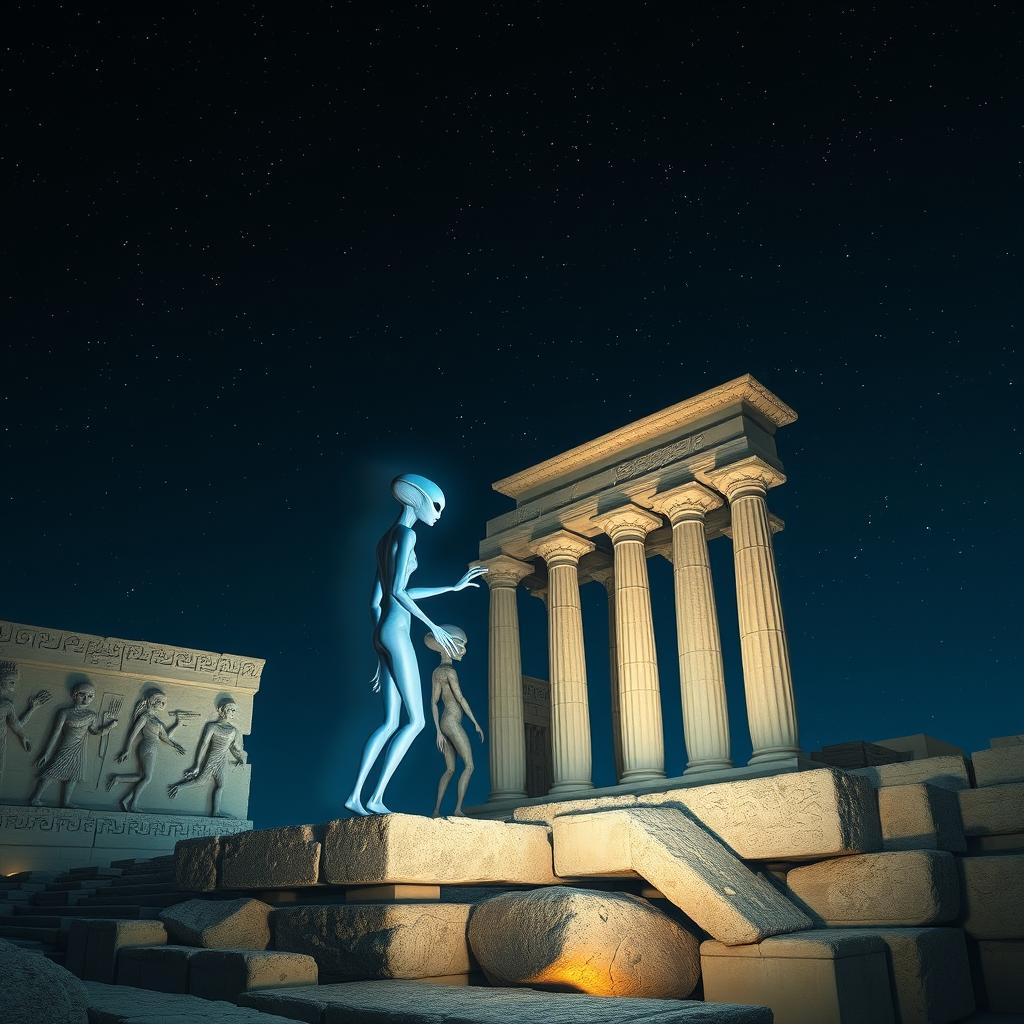 An imaginative scene featuring extraterrestrial beings, depicted as tall and sleek with glowing skin and unique facial structures, standing on the imposing ancient ruins of Persepolis, known as Takht-e Jamshid