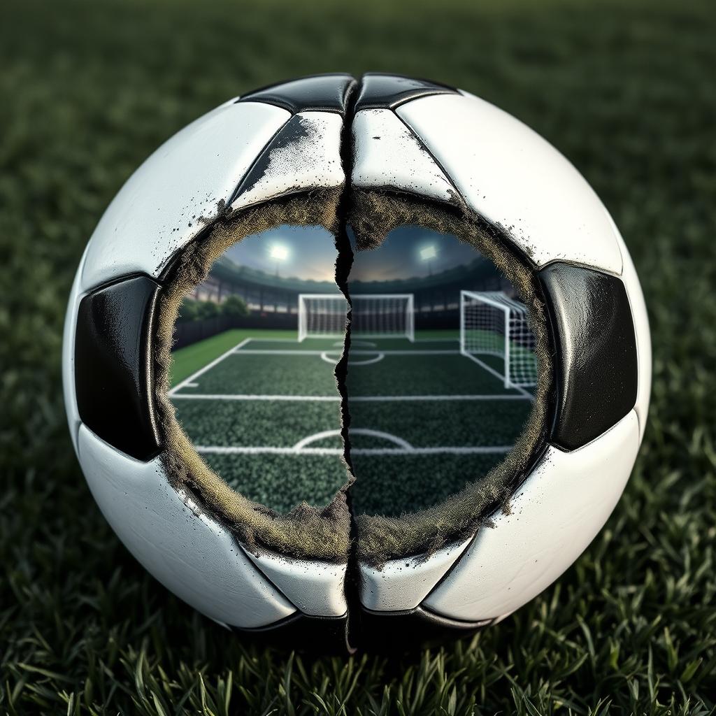 A black and white soccer ball split in half, with a detailed soccer field and goal depicted inside the ball