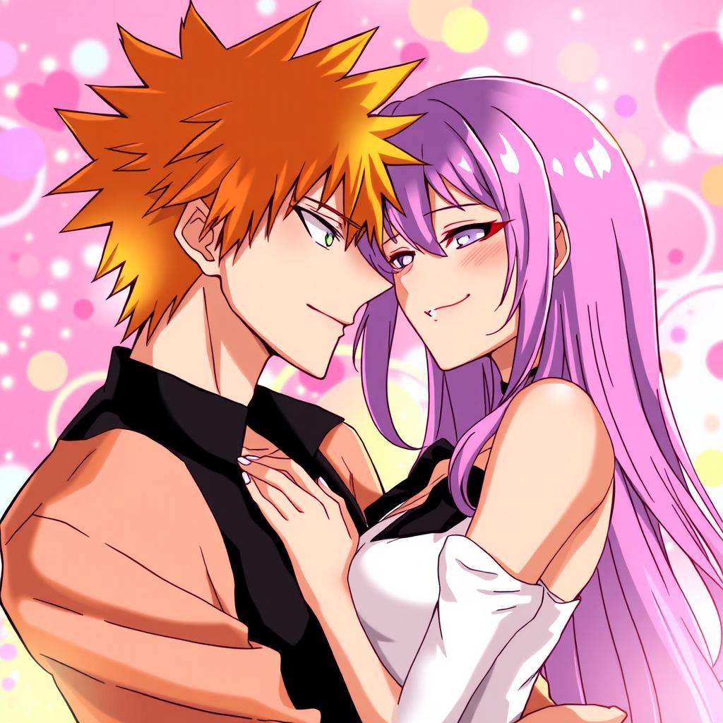 A romantic anime-style illustration of Ichigo Kurosaki and Yoruichi Shihouin from Bleach