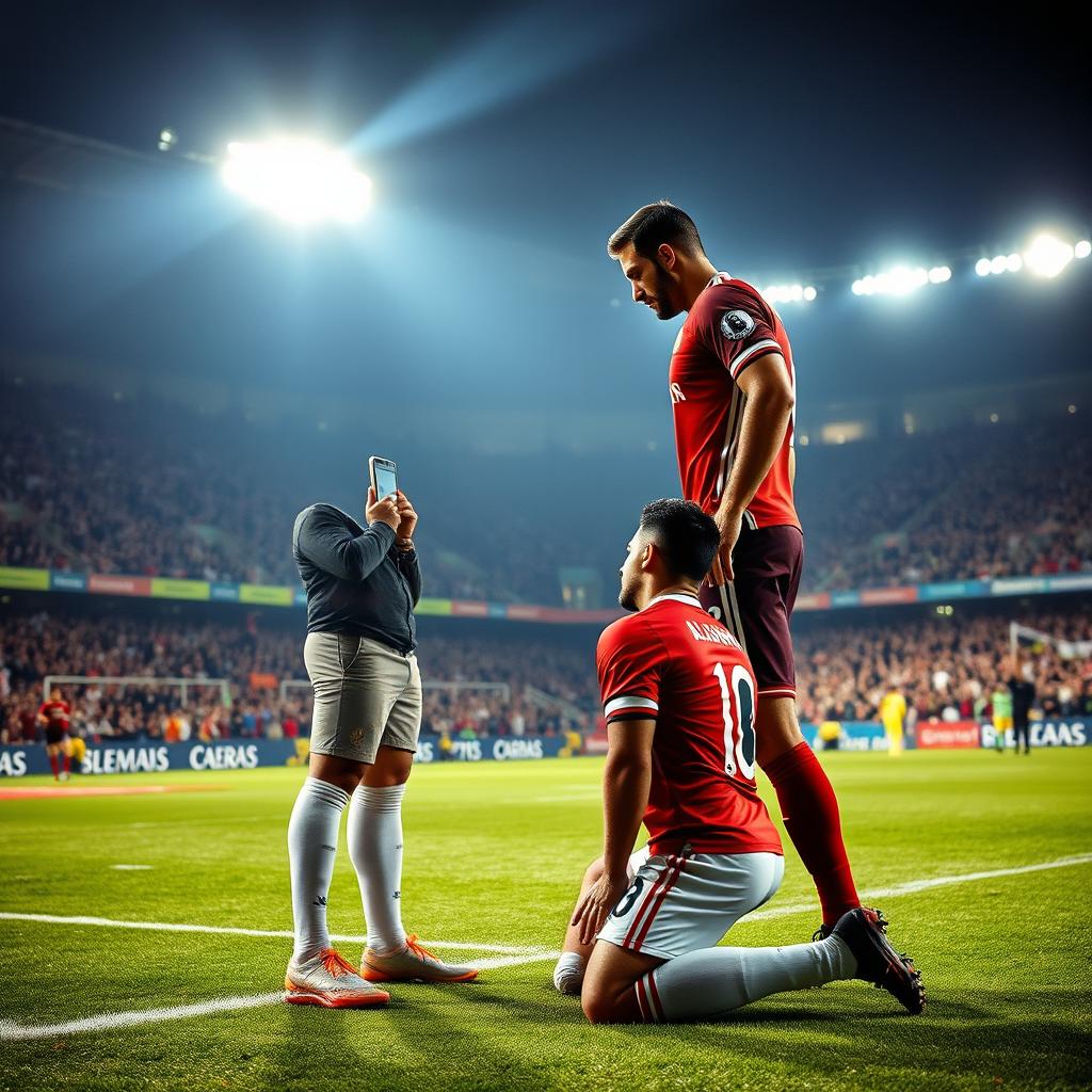 A dramatic sports scene featuring Omid Alishah kneeling in front of Ramin Rezaeian on the football pitch