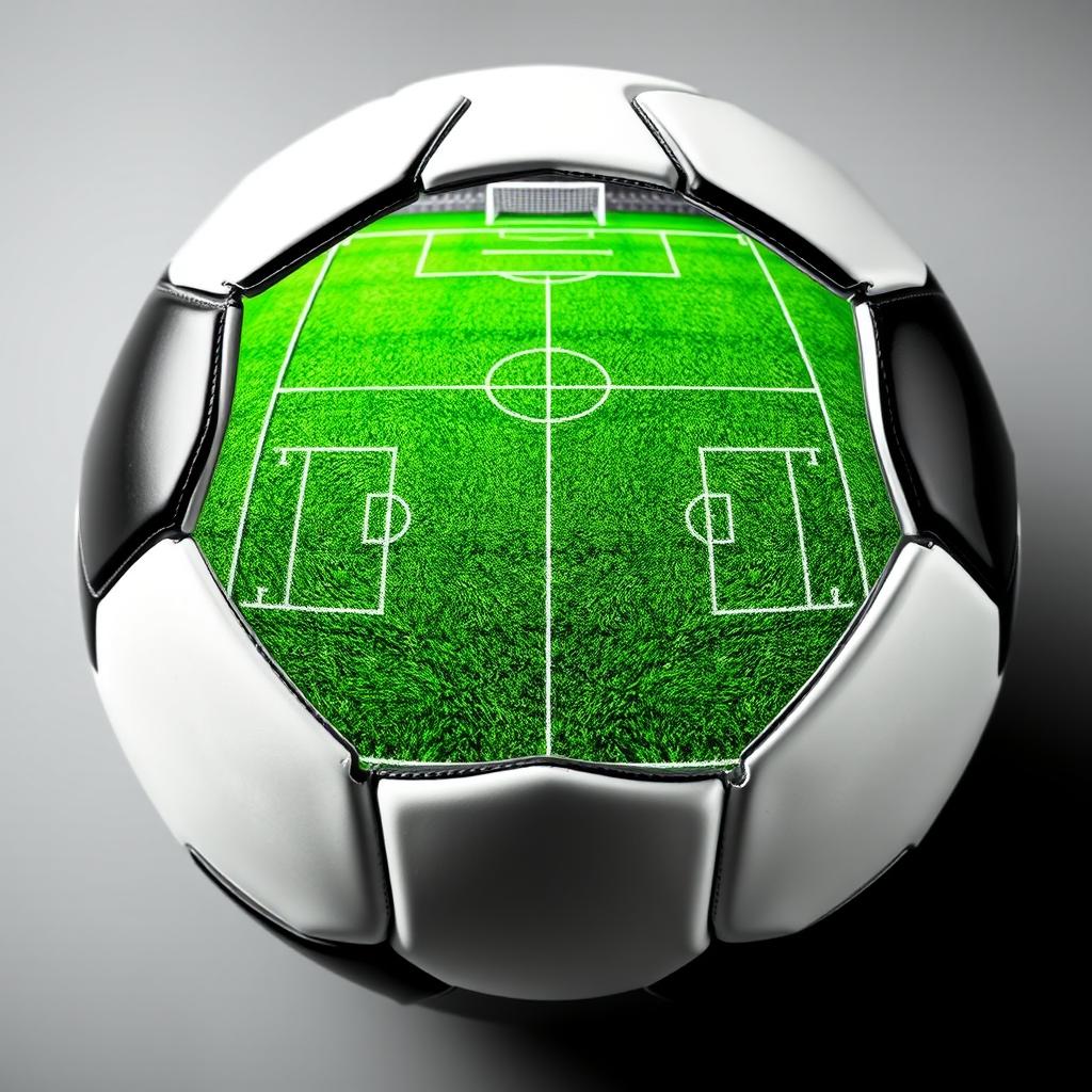 A black and white soccer ball, perfectly split in half, showcasing a detailed soccer field inside