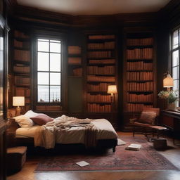 Design a bedroom following the dark academia aesthetic, filled with book stacks, antique furniture, vintage decor, and low, warm lighting.