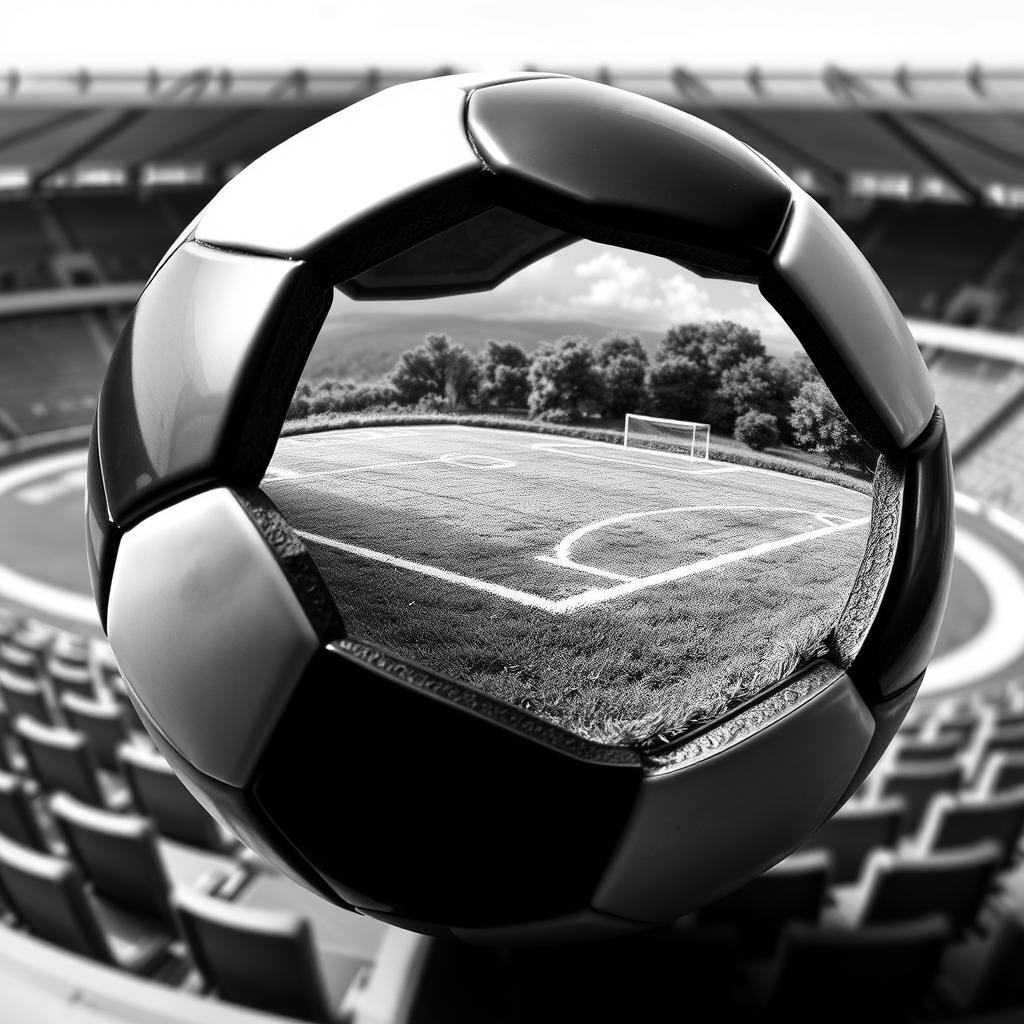 A black and white soccer ball split in half, revealing an intricate interior scene