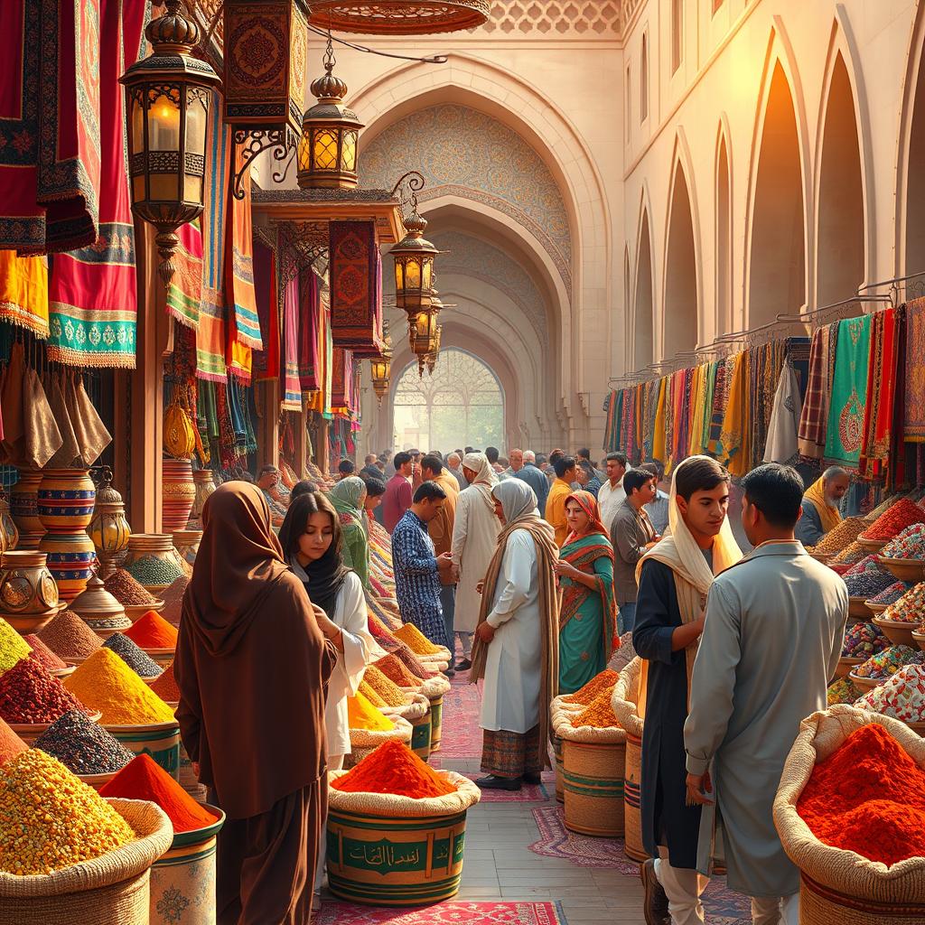 Create an elegant and intricate scene of a vibrant Middle Eastern marketplace filled with colorful spices and textiles