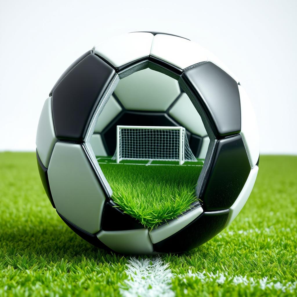 A black and white soccer ball split in half, showcasing the interior filled with a vibrant soccer field and a detailed goal
