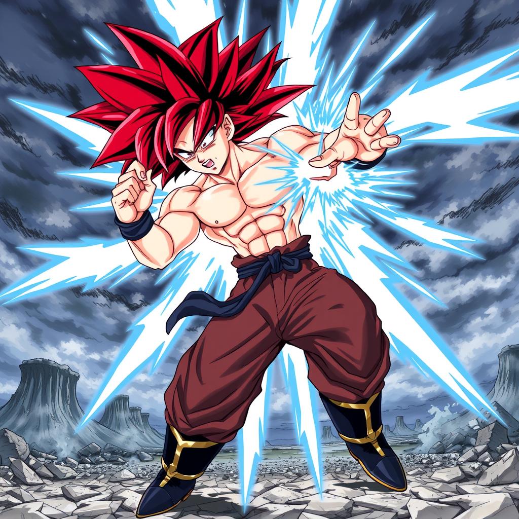 A detailed illustration of Goku in his Super Saiyan 4 form, executing the iconic Kamehameha attack