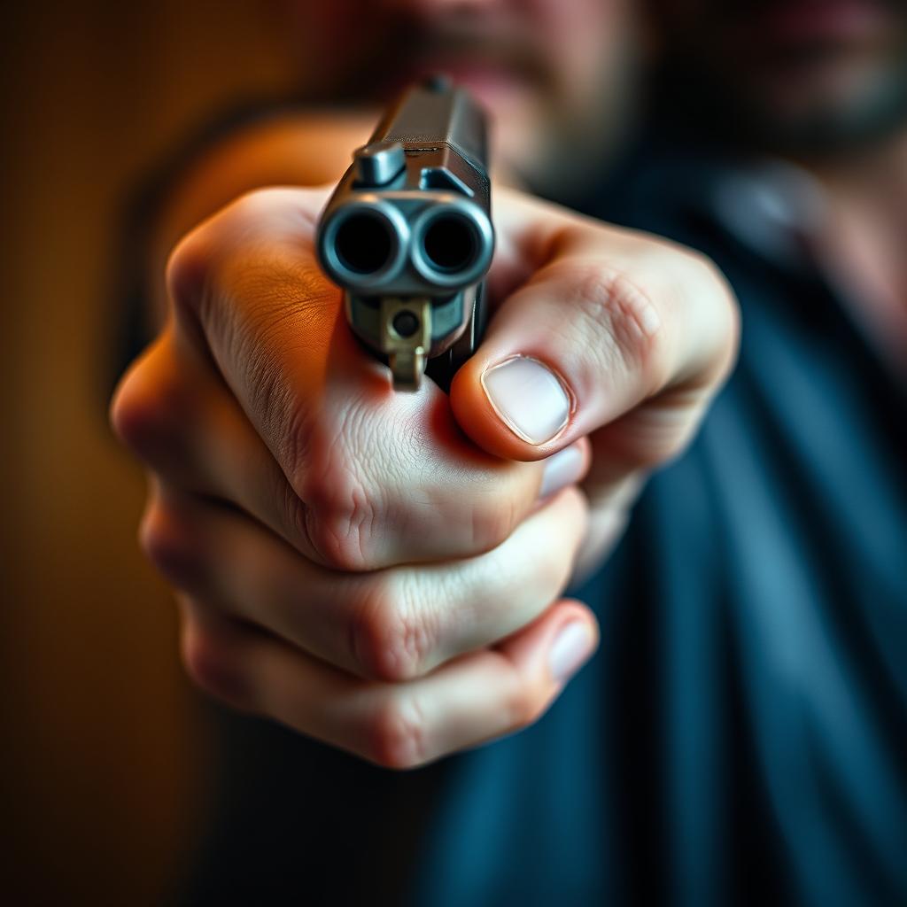 A close-up shot of a man's hand gripping a handgun tightly